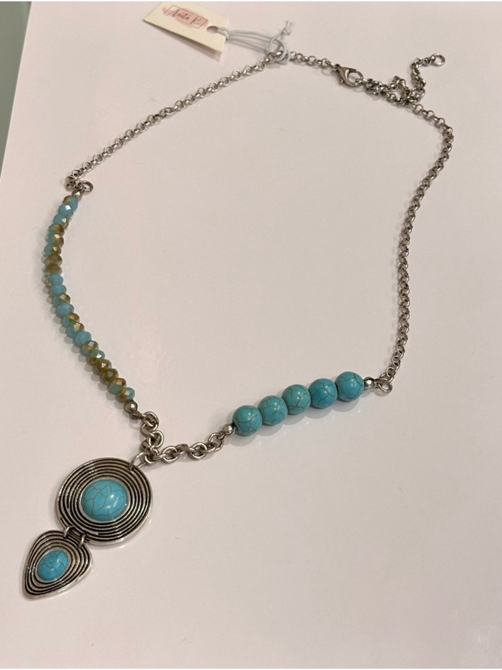Turquoise Bead Pendant Necklace with Silver-Tone Chain - Picture 2 of 6